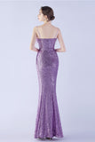 Lilac Spaghetti Straps Sheath Sequin Formal Dress With Feather