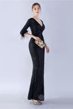 Navy Sequin V-neck Half Sleeves Sheath Formal Dress with Feather