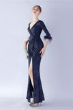 Navy Sequin V-neck Half Sleeves Sheath Formal Dress with Feather