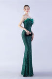 Dark Green Strapless Sequin Sheath Formal Dress with Feather