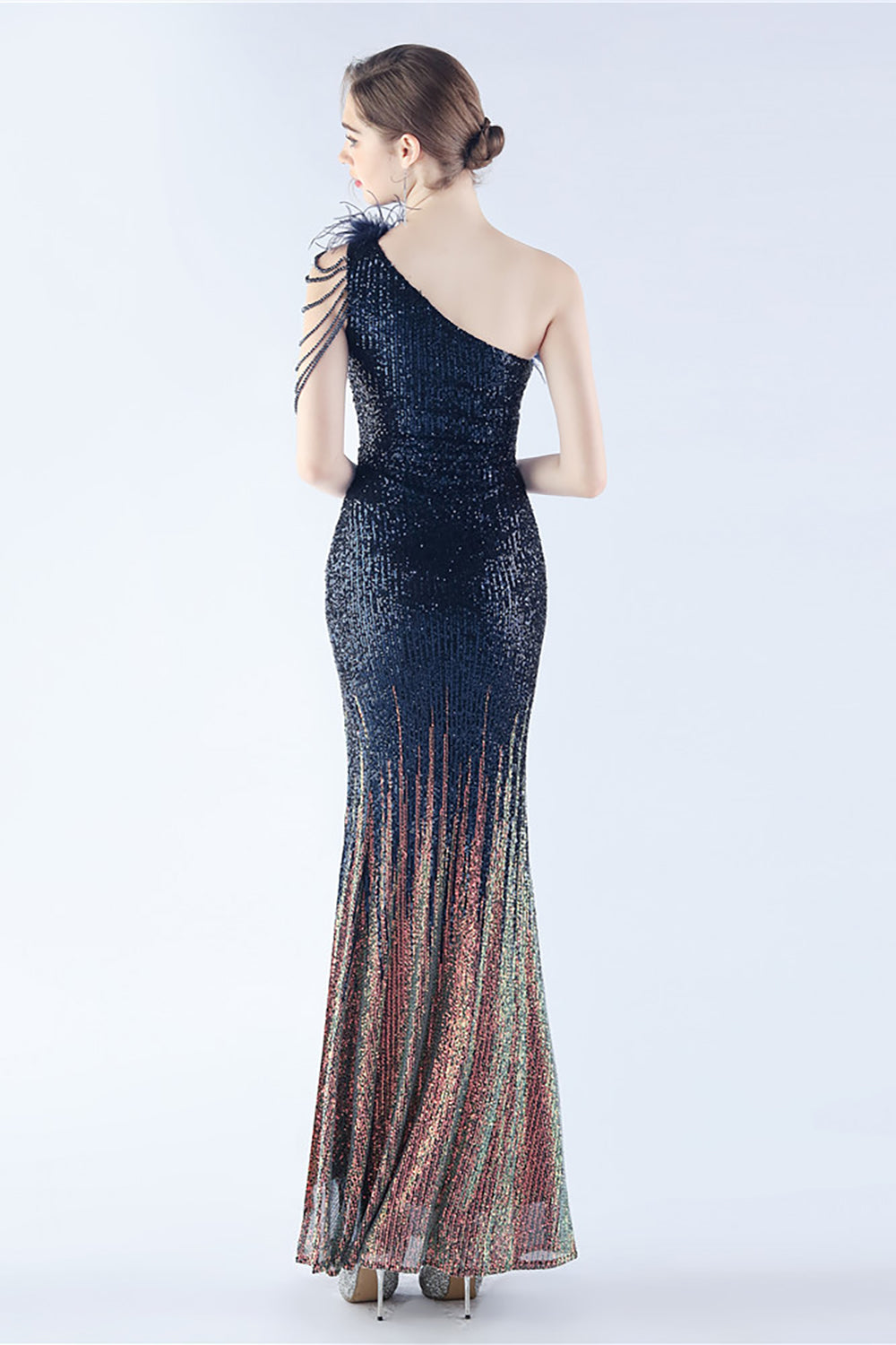 Glitter Black Beaded Bodycon Feather Slope-Neck One-Shoulder Evening Dress With Slit