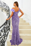 Purple Sequins Mermaid Off the Shoulder Prom Dress