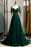 A-Line Spaghetti Straps Dark Green Prom Dress with Beading