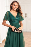 Dark Green A-Line V Neck Tulle Prom Dress with Sequins
