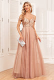 Champagne A-Line Tulle Long Prom Dress with Sequins