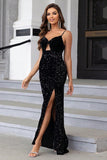 Black Mermaid Spaghetti Straps Sequin Prom Dress with Slit