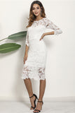 White Sheath Lace Midi Dress With Half Sleeves