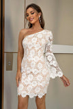 White Bodycon One Shoulder Lace Dress With Long Sleeves