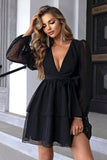 Black A-Line V-Neck Tiered Cocktail Dress With Long Sleeves