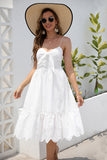 White A-Line Spaghetti Straps Hollow Graduation Dress With Bowknot