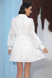 White A-Line Lapel Neck Mini Dress With Long Sleeves