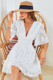 White A-Line V Neck Casual Dress With Short Sleeves