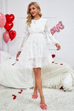 White A-Line Round Neck Graduation Dress With Long Sleeves
