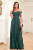 Dark Green A-Line Off The Shoulder Sequins Long Prom Dress
