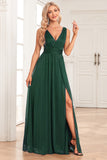 A-Line Sparkly V-Neck Dark Green Prom Dress with Slit