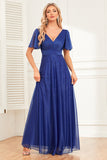 Sparkly Royal Blue A-Line V-Neck Long Prom Dress with Ruffles