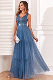 A-Line V-Neck Blue Prom Dress