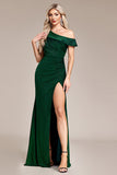 Glitter Dark Green Mermaid One Shoulder Long Prom Dress with Slit