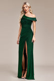 Glitter Dark Green Mermaid One Shoulder Long Prom Dress with Slit