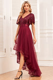 Burgundy A-Line V Neck Short Sleeves High Low Prom Dress