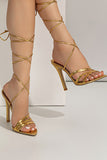 Golden Open Toe Stiletto Sandals with Lace-up