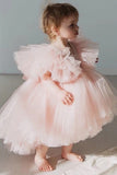 Blush Pink A Line Tulle Girl Dress With Cap Sleeves