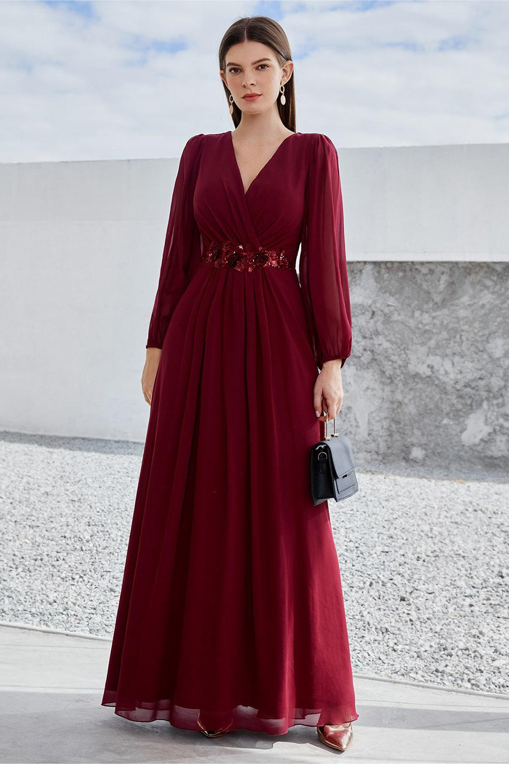 Zapaka Women Wedding Party Dress Burgundy Long Sleeves A Line Mother of The Bride Dress, Burgundy / S Zapaka Women Wedding Party Dress Burgundy Long Sleeves A Line Mother of The Bride Dress, Burgundy / S