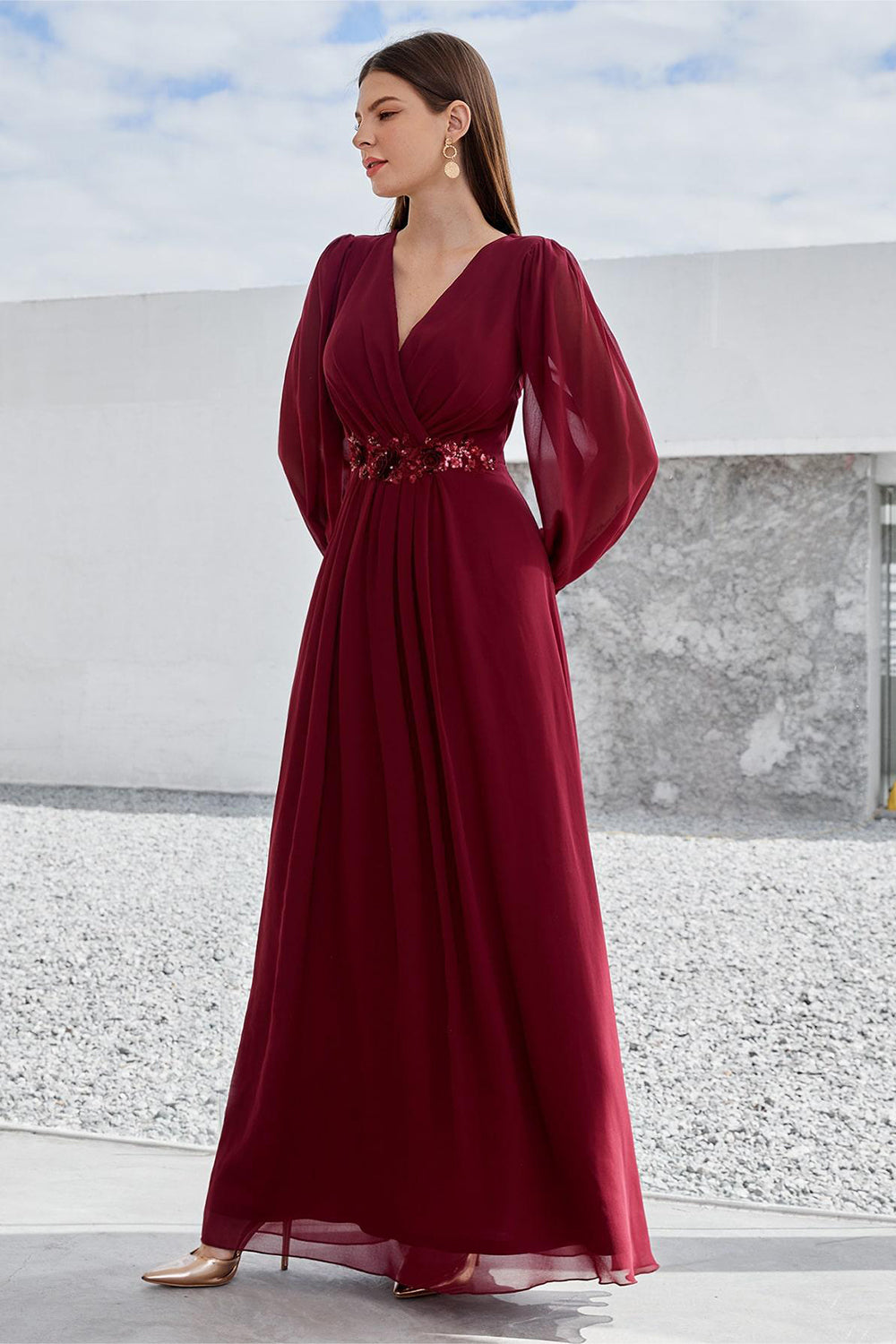ZAPAKA Women Wedding Party Dress Burgundy Long Sleeves A Line Mother of the Bride Dress ZAPAKA Women Wedding Party Dress Burgundy Long Sleeves A Line Mother of the Bride Dress
