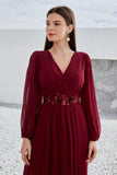 Burgundy Long Sleeves A Line Mother of the Bride Dress