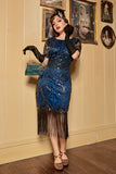Blue Sequins Fringe 1920s Dress with Sleeves