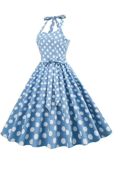 ZAPAKA Women Vintage Dress Halter Blue Polka Dots Print 1950s Dress