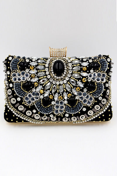 Luxury Black Velvet Evening Clutch Bag Baroque Crystal Beaded Party Purse with Chain