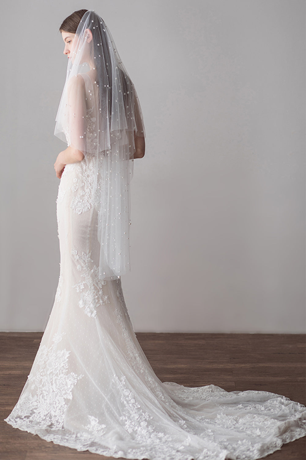 Two-Tier Pearl Beaded Tulle Waist Veils for Wedding