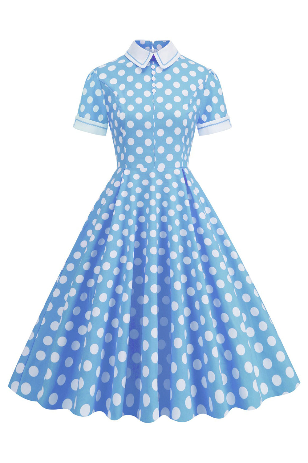 Zapaka Women Blue Polka Dots Vintage Dress Hepburn Style Swing Dress with Short Sleeves, Blue White Dot / L Zapaka Women Blue Polka Dots Vintage Dress Hepburn Style Swing Dress with Short Sleeves, Blue White Dot / L