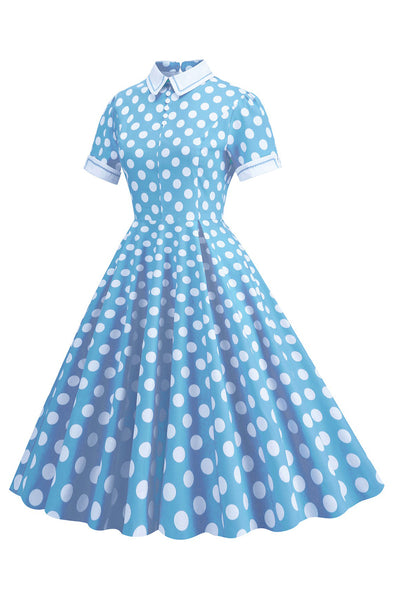Zapaka Women Blue Polka Dots Vintage Dress Hepburn Style Swing Dress ...