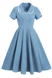 Vintage Blue Solid 1950s Swing Dress