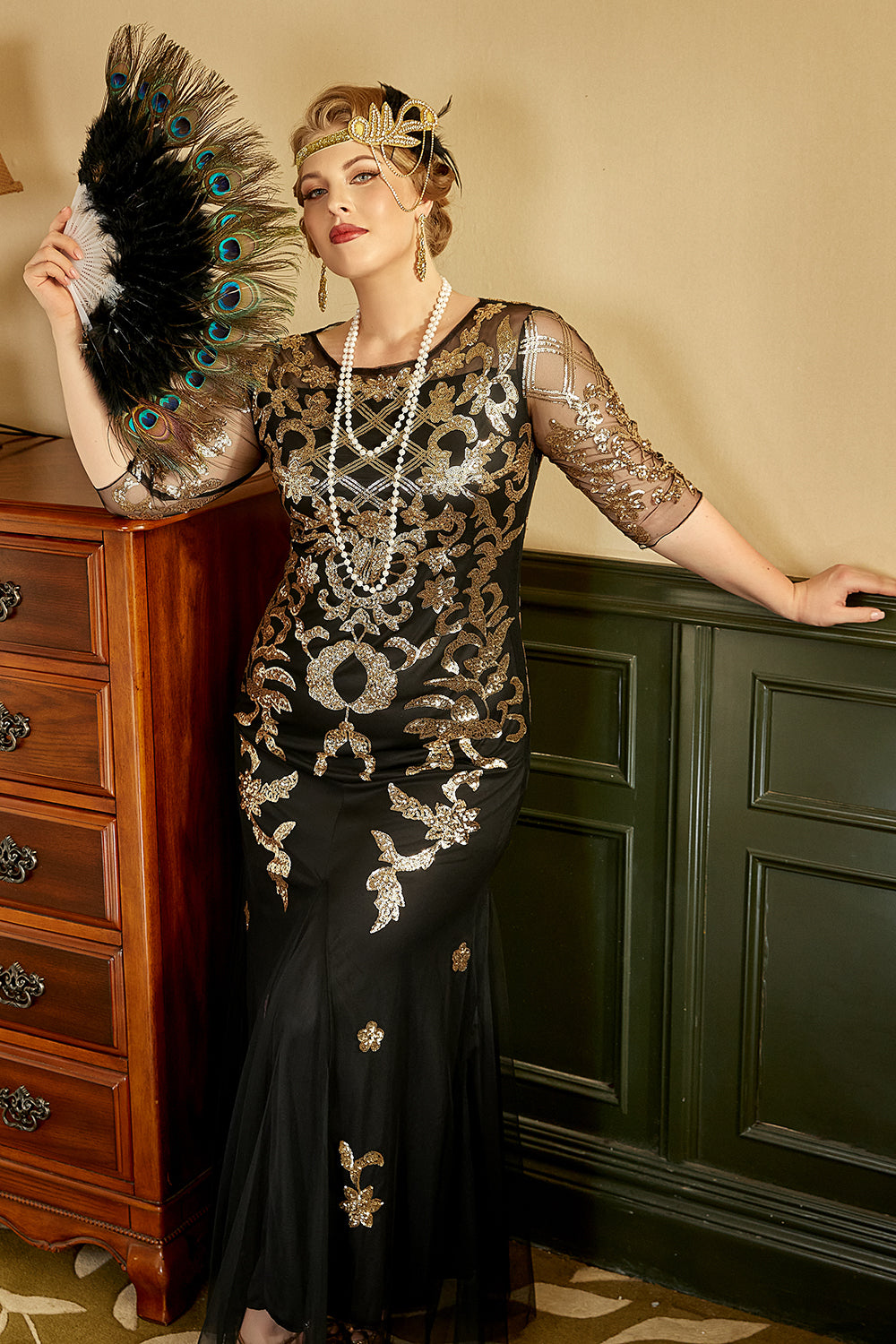 Zapaka Women 1920s Plus Size Flapper Dress Black Golden 3/4 Sleeves ...