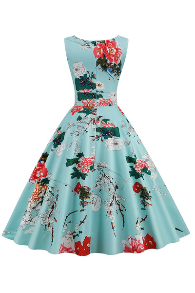 Zapaka Women Floral 1950s Dress Vintage Light Blue V Neck Swing Retro ...