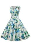 Light Blue V Neck 1950s Vintage Dress