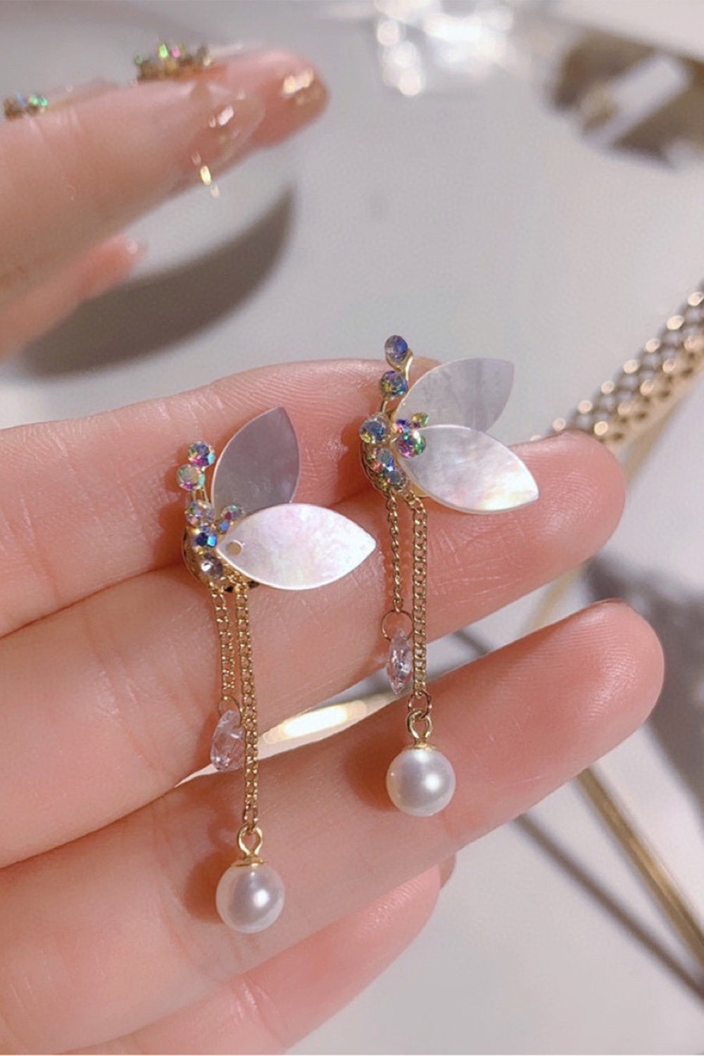 Freshwater Pearl Crystal Shell Butterfly Earrings