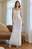 White One Shoulder Sequins Long Prom Dress