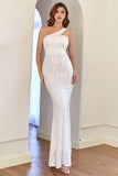 White One Shoulder Sequins Mermaid Prom Dress