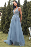 A-line Long Blue Prom Dress with Appliques