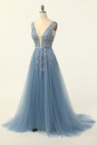 Blue Tulle Prom Dress with Appliques