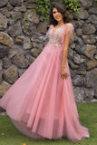 A Line V Neck Blush Long Prom Dress with Appliques
