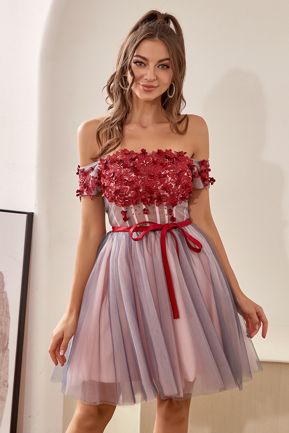 Burgundy Off the Shoulder Homecoming Dress with Appliques