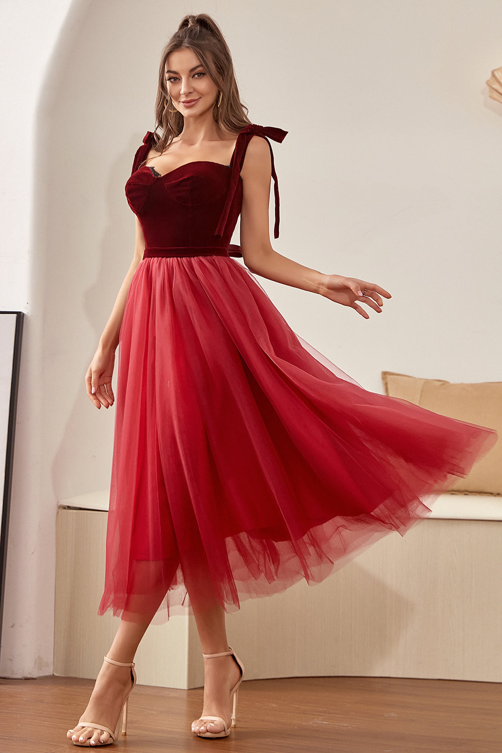 Burgundy Tulle Homecoming Dress with Bowknot