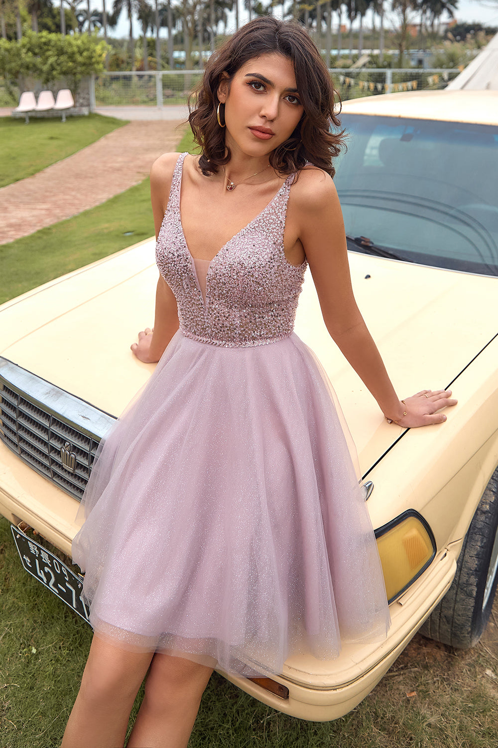 Blush Tulle & Sequins Cute Homecoming Dress