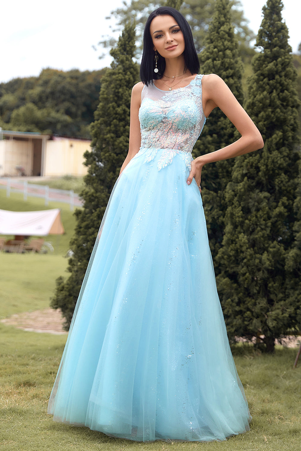 Blue Beading Tulle Prom Dress