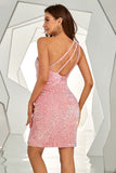 Pink One Shoulder Sequined Tight Homecoming Dress